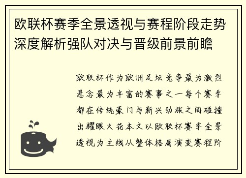 欧联杯赛季全景透视与赛程阶段走势深度解析强队对决与晋级前景前瞻
