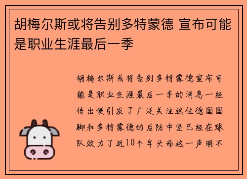 胡梅尔斯或将告别多特蒙德 宣布可能是职业生涯最后一季